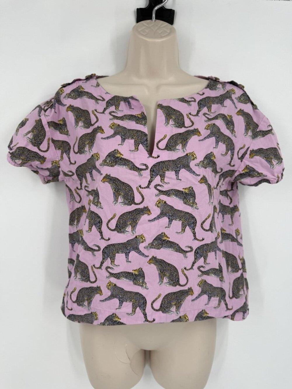 Women’s J.Crew Open V-Neck Boxing Cropped Shirt Pink Cheetah Size XS